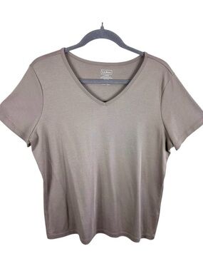L.L. Bean 100% Supima Cotton Tan Short Sleeve V-Neck T-Shirt Women's Size L‎